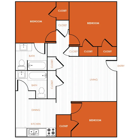 Floor plan for 3 beds, 2 baths, 1000 sqft